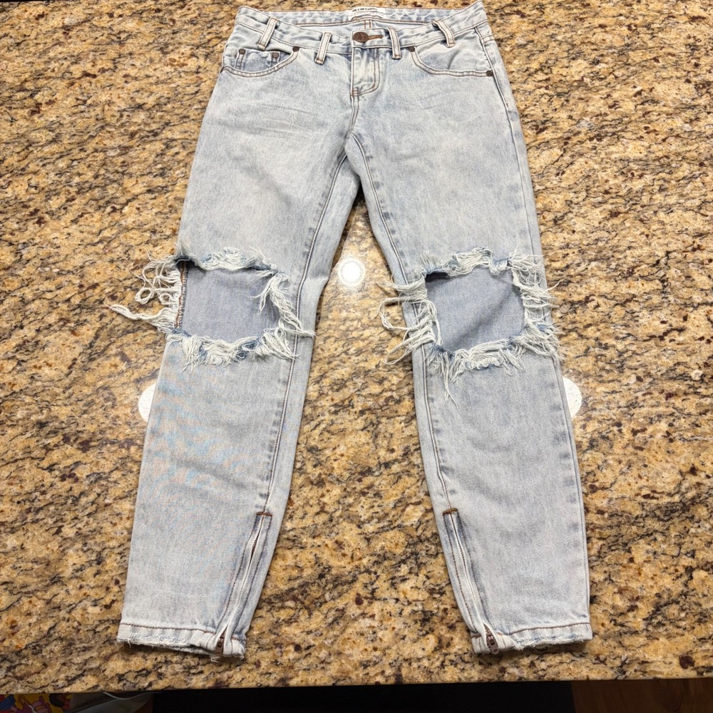 One Teaspoon Freebirds Light Wash Distressed Skinny Jeans Ankle Zip Size 24